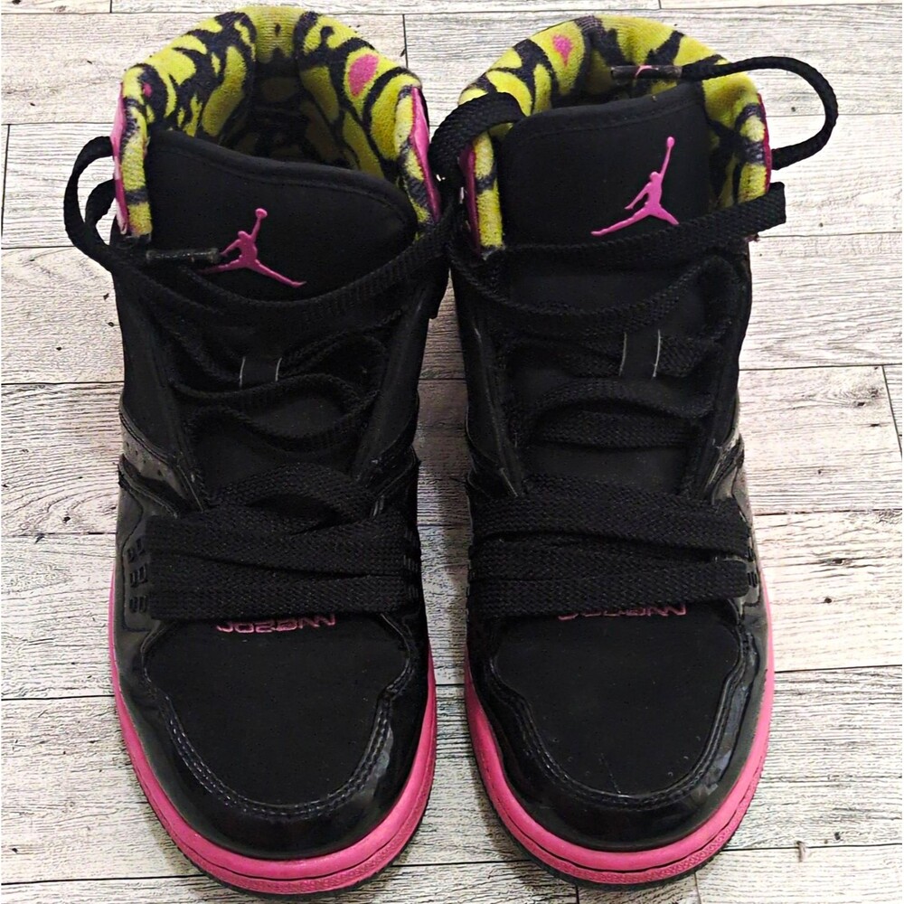Jordan 1 Flight Unisex Kids Athletic High Top Sneakers 5Y Black/Pink/Yellow